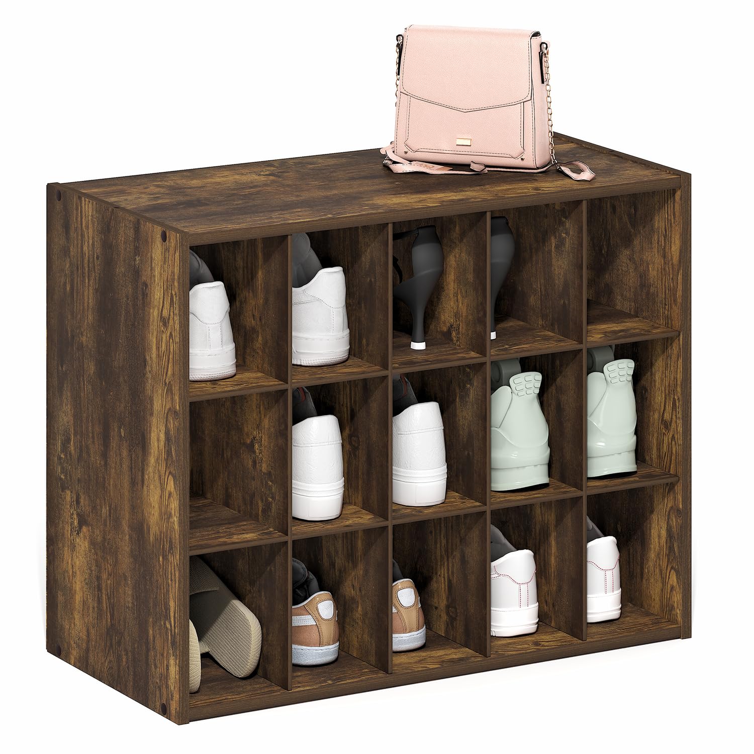 Furinno FANO 15-Cube Shoe Rack, Stackable Shoe Organizer, Amber Pine