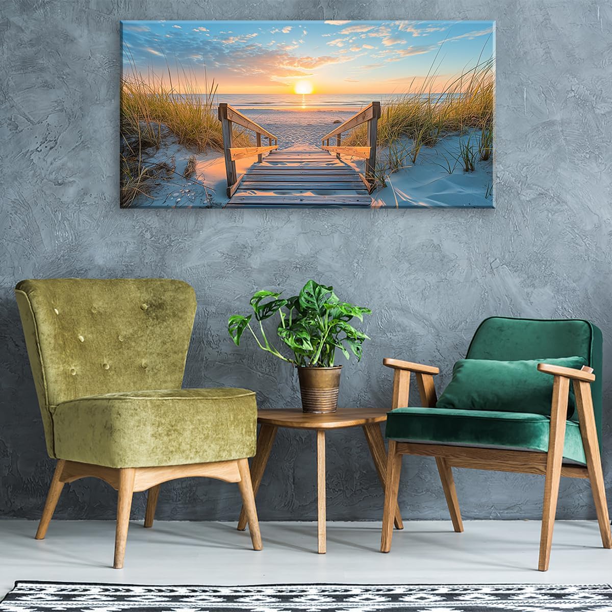 LASMOND Beautiful White Sandy Beach Pier by Seaside at Sunset Landscape Wall Art Decor Artwork for Bedroom Living Room (58x28Inches)