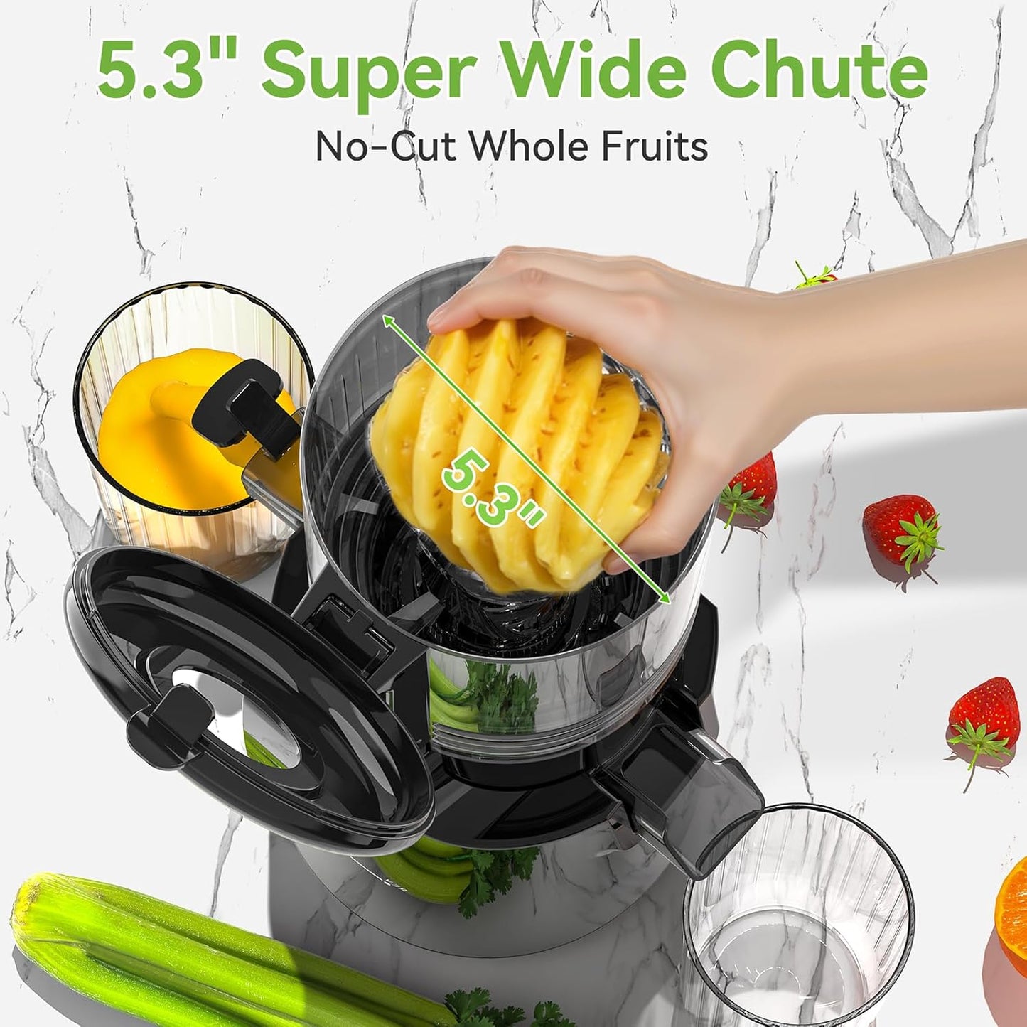 Cold Press Juicer - 5.3" Large Feed Chute Juicer Machines for Whole Vegetables & Fruits, 99% High Juice Yield, Quiet & Easy to Clean Slow Masticating Juicer, BPA-Free, Preserves More Nutrients (Black)