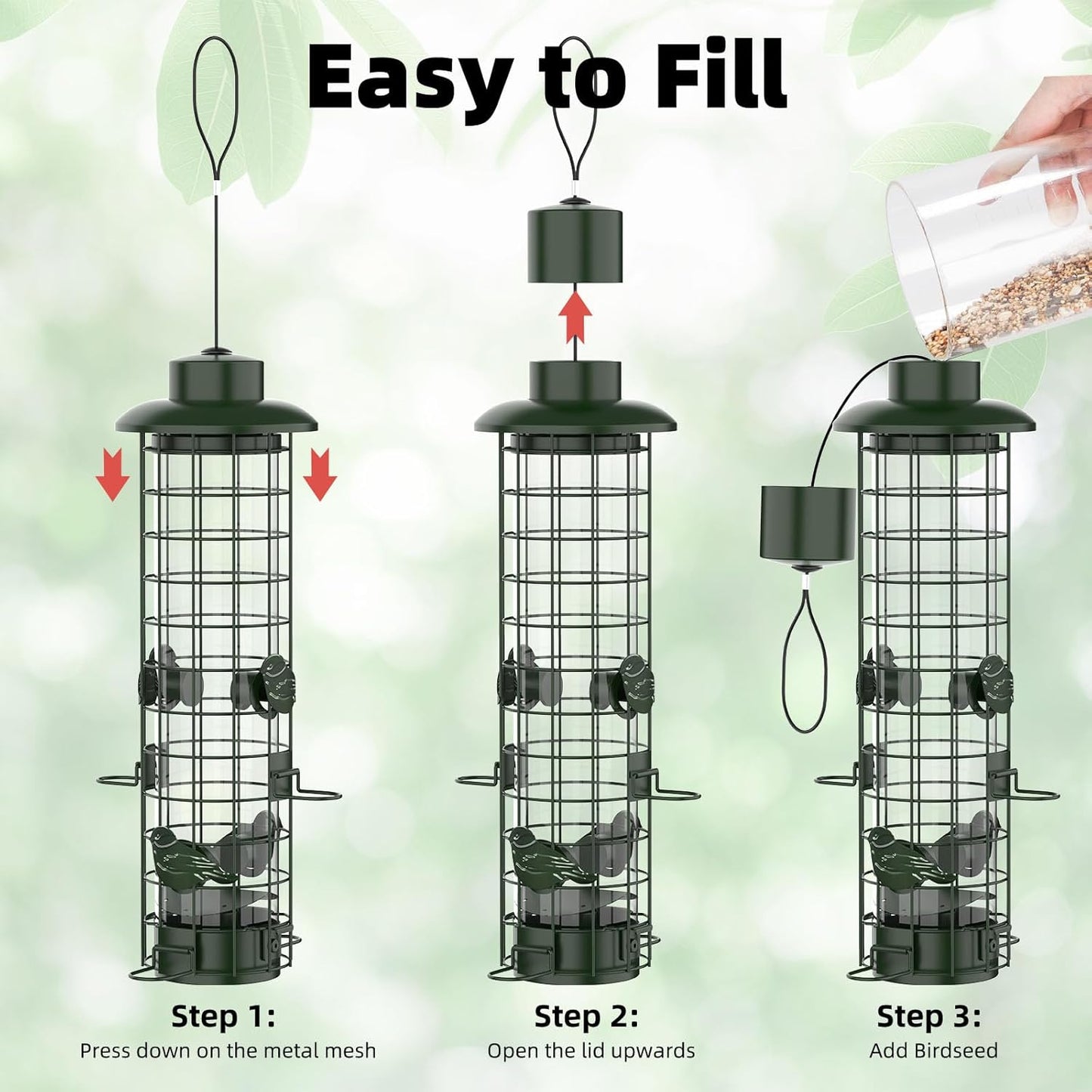 Squirrel Proof Bird Feeder,Metal Mesh Bird Feeders for Outdoors Hanging,Gravity Protection Squirrel Proof Wild Bird Feeders with Finch Cardinal Chickadee,3LB Large Capacity,Green
