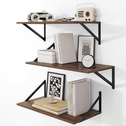 Heimlove 24" W x 12" D Wall Shelves for Books, 12 Inch Deep Floating Shelves Set of 3, Wide Floating Bookshelf with Metal Bracket for Living Room, Kitchen, Office, Bedroom and Decor Storage - Walnut