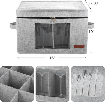 2 Pack Wine Glass Storage Box with Dividers, Stemware Storage Containers for Packing and Moving, China Storage Containers Box for 12 Crystal Glassware, Wine Glasses, Drinkware,Light Gray