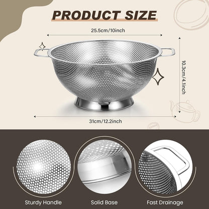 Norme 4 Quart Stainless Steel Silver Colander and 3 Pcs Silver Fine Mesh Strainer, Stainless Steel Pasta Rice Food Metal Strainer with Handles, Easy Clean and Dishwasher Safe