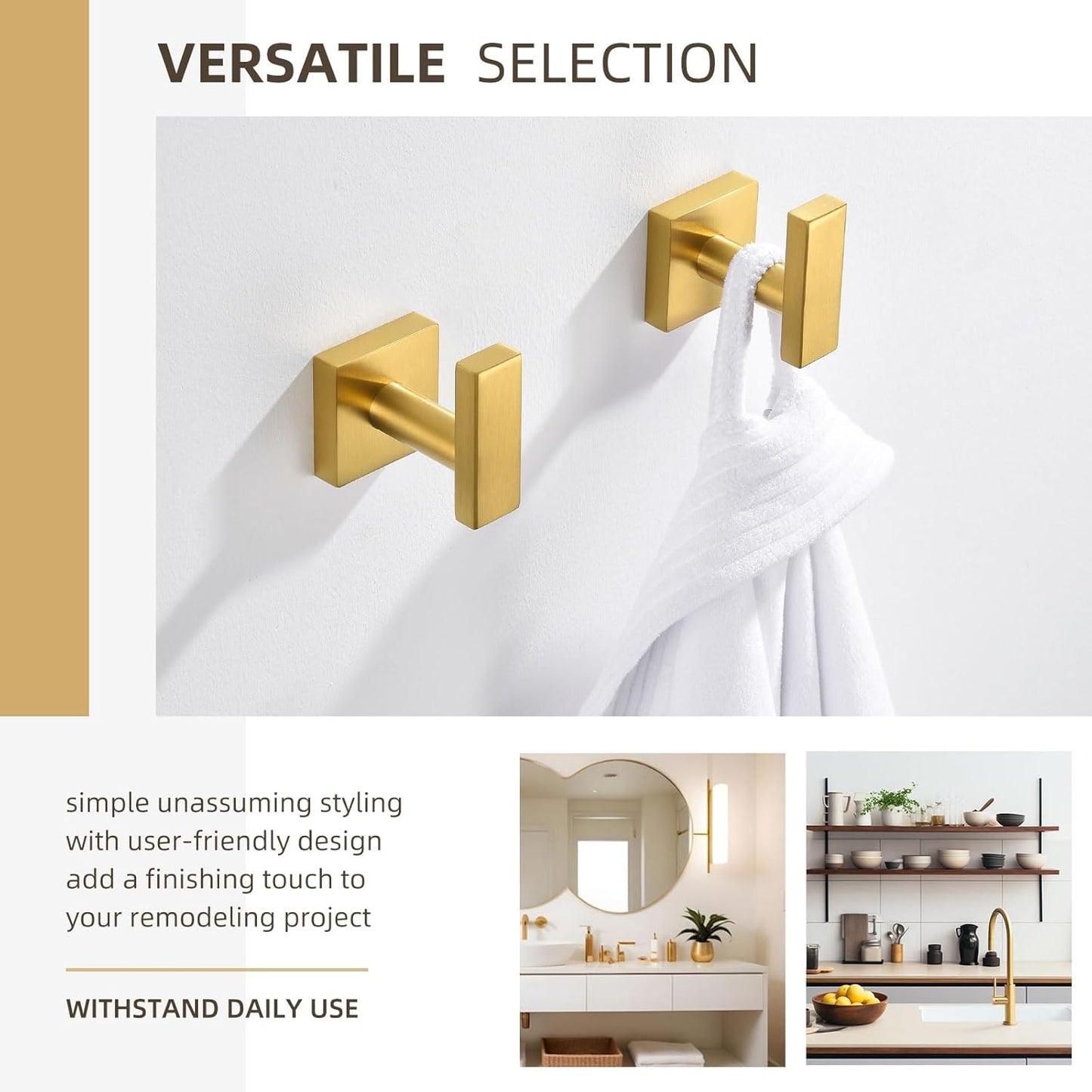 Angle Simple Towel Hooks for Bathroom, SUS 304 Stainless Steel Square Robe Coat Wall Hooks, Hand Towel Holder, Brushed Gold, 2 Pack