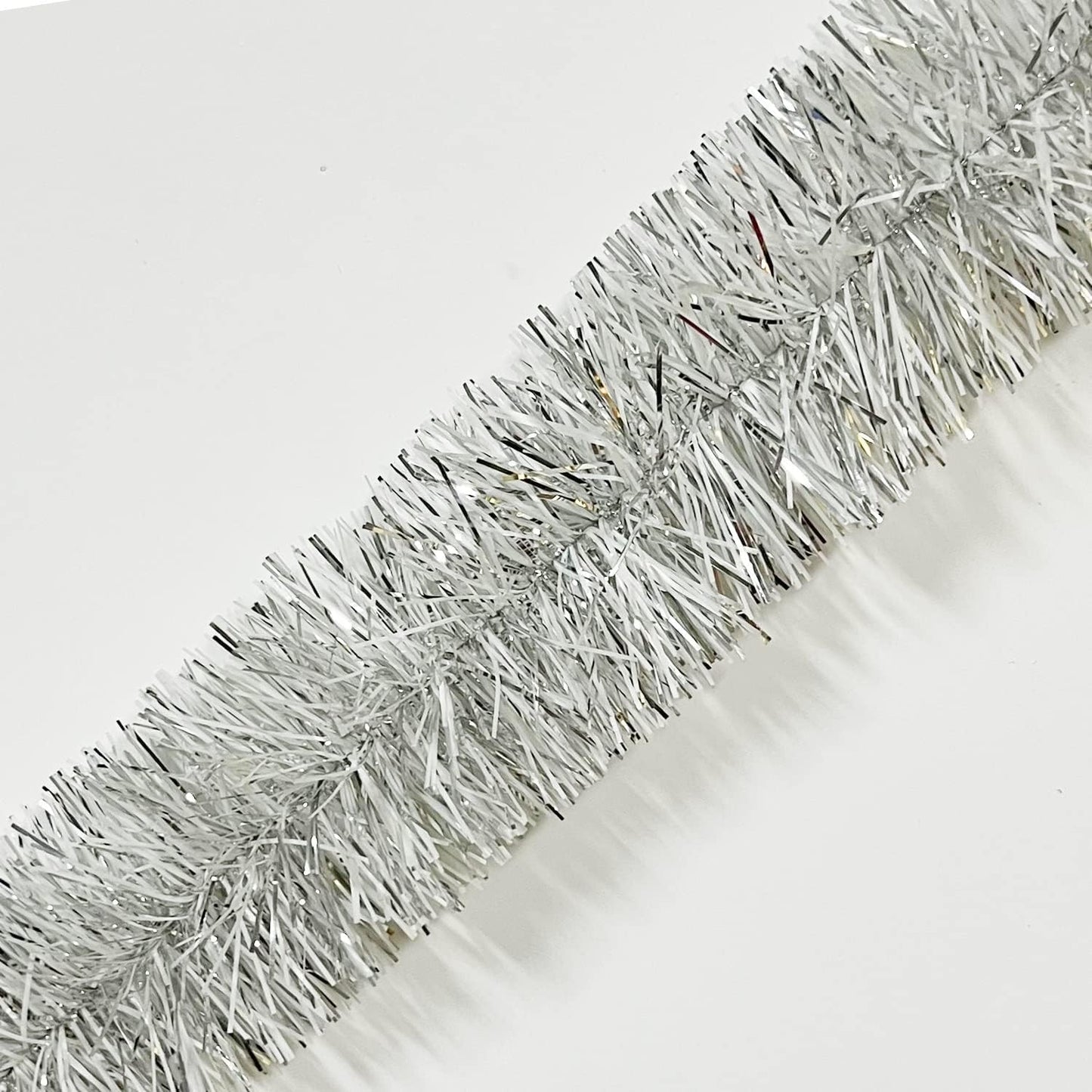 25 ft Long Roll Silver & White Tinsel Twist Garland, Shiny Metallic Foil Decorations for Halloween, Parade Floats, Christmas Eve, New Year Parties (4" x 25' roll, Silver & White)