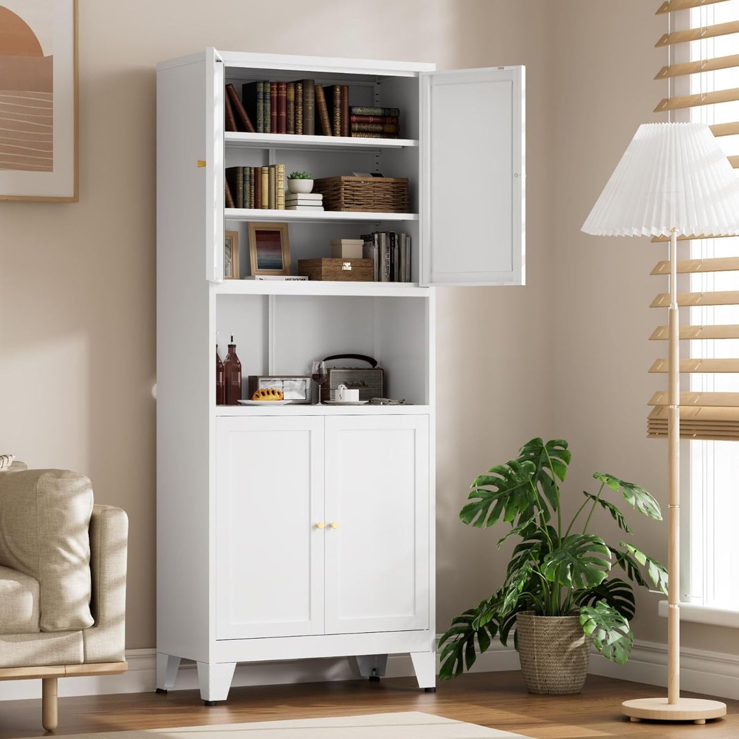 69" Tall Kitchen Pantry Cabinet, Metal Storage Cabinet with 4 Doors and Adjustbale Shelves, Freestanding Cupboards for Dining Room, Living Room, Bathroom