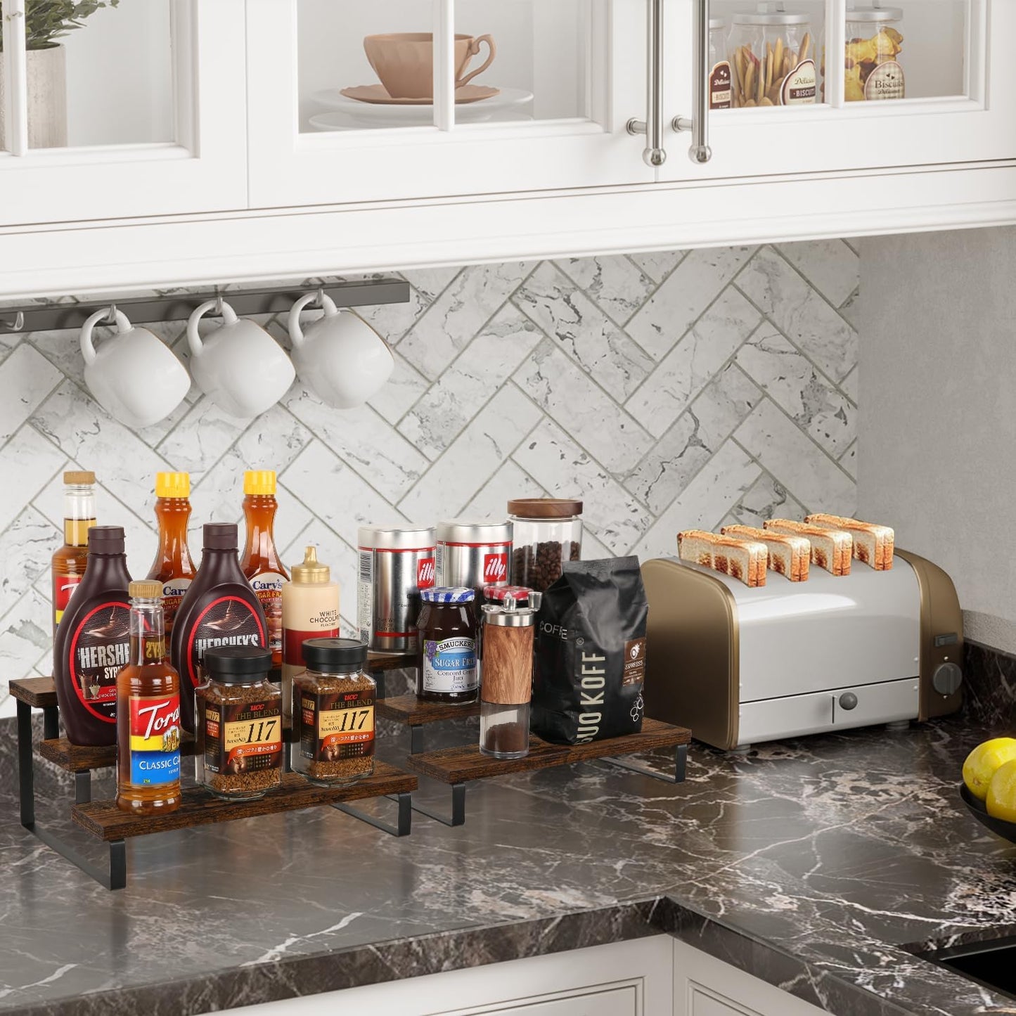 YINMIT Wooden Display Riser Stand, Tiered Perfume and Cologne Organizer Stand, 3 Tier Spice Rack Organizer, Rustic Display Shelf for Candles (3 Tier, 2 Pack)