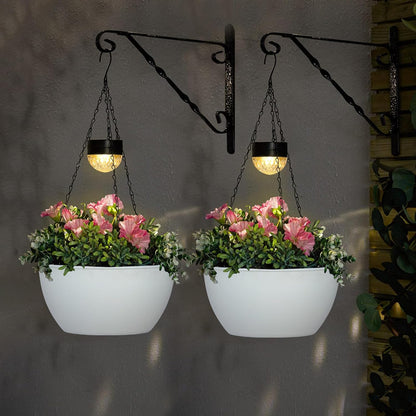 2 Packs Solar Hanging Basket Planters for Plants Outdoor, Self Watering White Flower Plants Pots with Solar Light Drainer for Balcony Patio Garden Outdoor Decoration