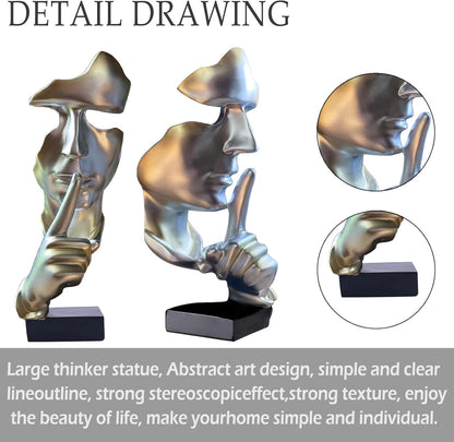 aboxoo Abstract Statues Silence is Gold Decorative Objects,Modern and Simple Resin Figurine,Desk Decoration for Office Home Piano Deco(Large Silver)