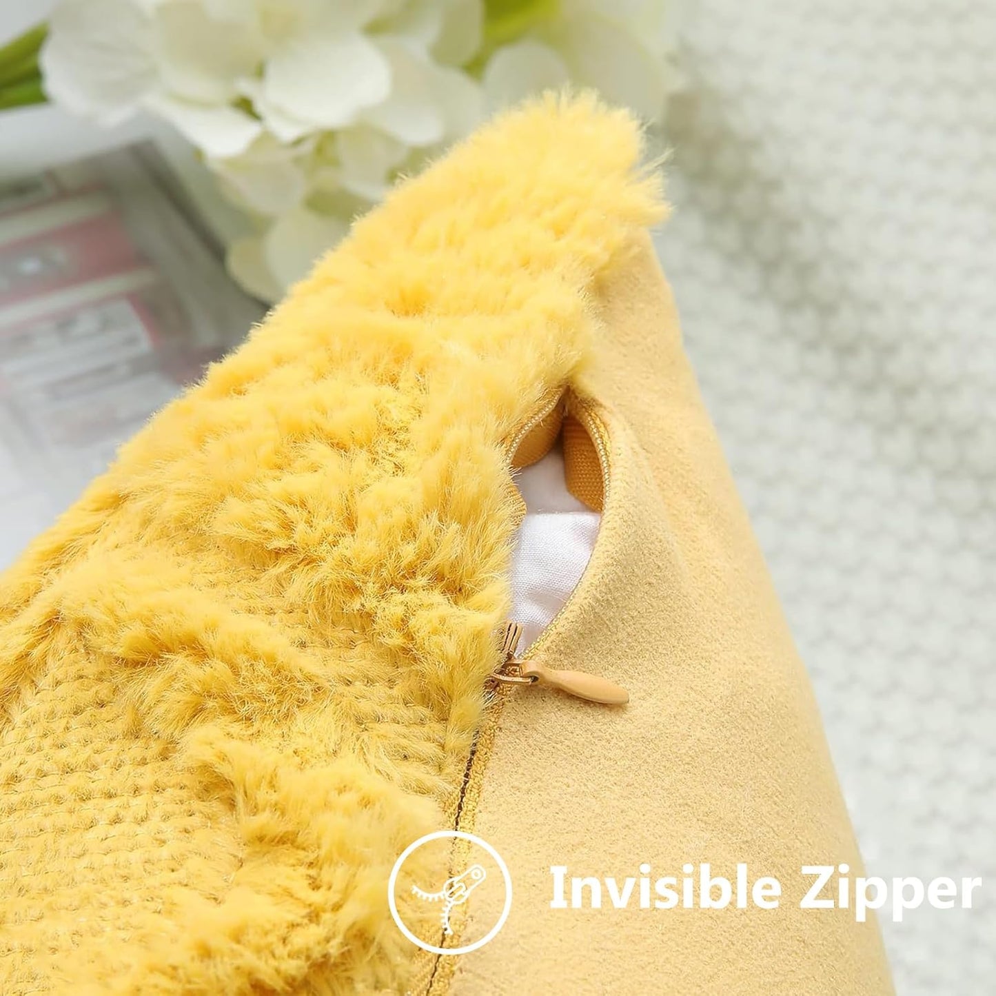 decorUhome Throw Pillow Covers 24x24 Inch Set of 2, Soft Plush Decorative Faux Fur Mustard Yellow Solid Couch Pillow Covers, Accent Farmhouse Neutral Square Euro Pillow Cases for Sofa Bed Living Room