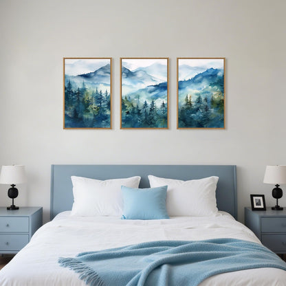 Celestdeco Blue Ridge Mountains Forest Framed Canvas Wall Art Set, Natural Landscape Wall Decor, Green Pine Trees Wall Painting, Woodland Artworks for Living Room, Bedroom, Dining Room - 24"x36"x3