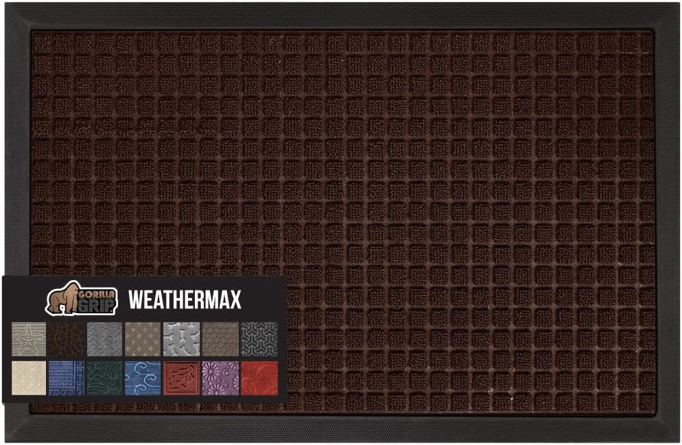 GORILLA GRIP 100% Waterproof All-Season WeatherMax Doormat, 60x24, US Designed Natural Rubber, Stain and Fade Resistant, Low Profile Indoor Outdoor Door Mats, Easy Clean Patio Mat, Coffee Squares
