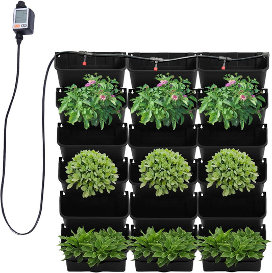 18 Pots Self-Watering Vertical Wall Planter, 39.4”L x 39.4”H Stackable Plastic Wall-Mounted Plant Grow Pots, Wall Hang Garden Planter Outdoor Indoor for Herbs Flowers Strawberries (Black)