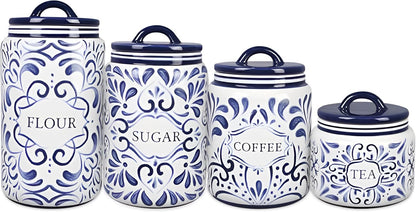 Young's Inc. 4 Pcs Set Talavera Ceramic Canisters- Storage Container for Kitchen and Bathroom - Beautiful Home Decor Accent to Store Food, Coffee, Tea, and More - White, Blue