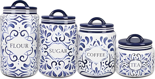Young's Inc. 4 Pcs Set Talavera Ceramic Canisters- Storage Container for Kitchen and Bathroom - Beautiful Home Decor Accent to Store Food, Coffee, Tea, and More - White, Blue