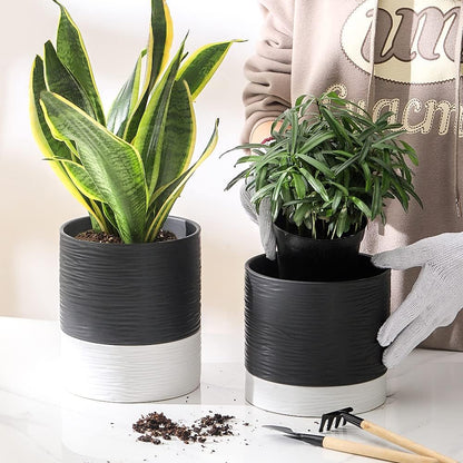 Nihow Ceramic Plant Pot: 6 Inch Planter with Drainage Hole & Saucer for Indoor & Outdoor Plants - Cylinder Round Flower Pot for Succulent/Herbs/Violets - Black & White