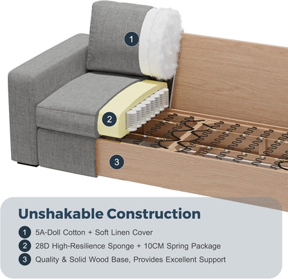 112" L Shaped Sectional Sofa with Detachable Sofa Cover, Reversible Sectional Modular Couch for Living Room, Linen Fabric Corner Couch with 7 Seats, Grey