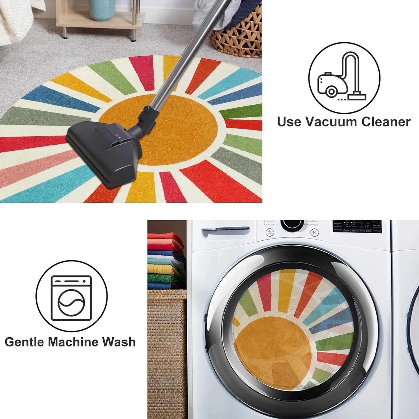 STARUIA Round Boho Rug 6 Ft Washable Round Area Rug for Playroom, Sunshine Circle Rug for Kids Room, Non-Slip Circluar Rainbow Carpet Soft Large Kids Rug for Classroom Dorm Bedroom