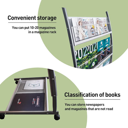 Brochure Display Stand, Floor-Standing Magazine Rack with 4 Pockets, Information Rack With casters Easy to Move for Trade Show Exhibitions Office Retail Store 44.1" H