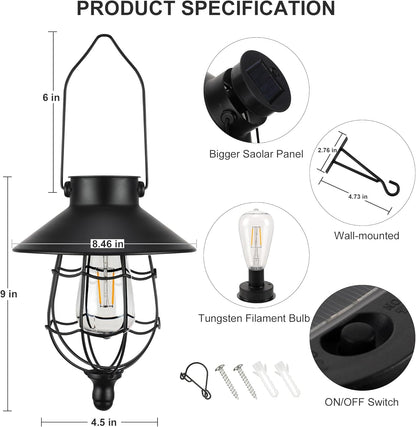 pearlstar 2 Pack Solar Lantern Outdoor Hanging Light Waterproof Metal Solar Lamp for Yard Garden Pathway Patio Porch Decor(Black)