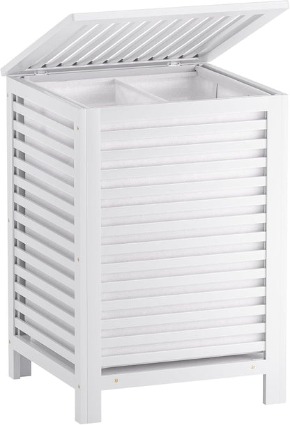 SMIBUY Double Laundry Hamper with Lid, 120L Bamboo Laundry Basket with Removable Liner Bag, 2-Section Clothes Divider Laundry Sorter for Laundry Room, Bathroom, Bedroom (White)