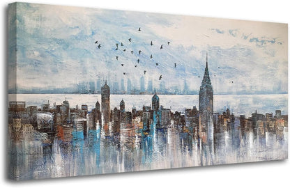 Arjun Cityscape Wall Art New York City Skyline Buildings Picture Modern Abstract Grey NYC Skyline Birds Painting Framed Artwork for Bedroom Living Room Bathroom Home Office Decor, Large Size 40"x20"