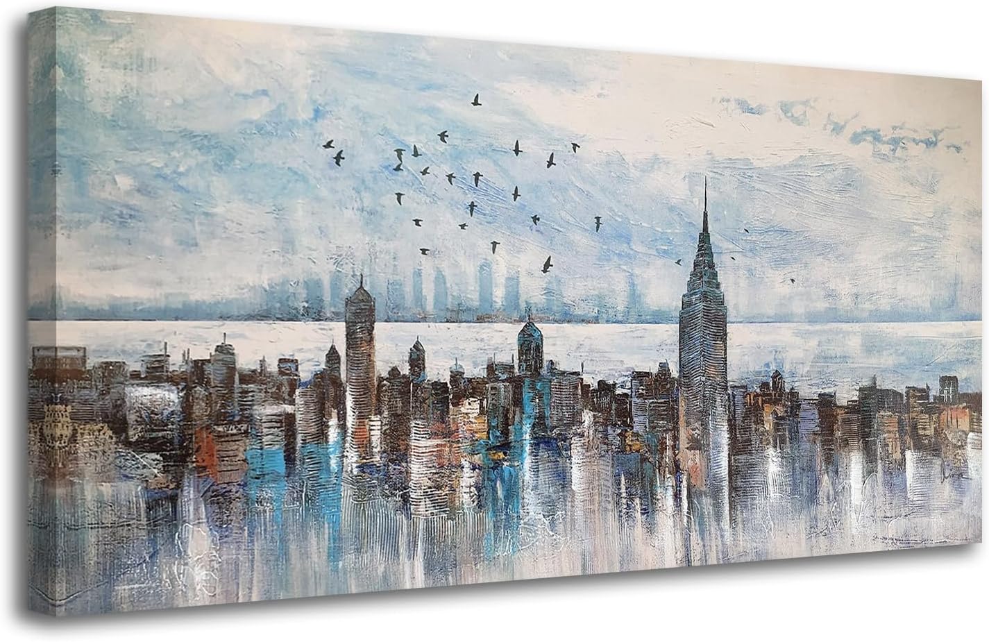 Arjun Cityscape Wall Art New York City Skyline Buildings Picture Modern Abstract Grey NYC Skyline Birds City View Painting Framed Artwork for Bedroom Living Room Home Office Decor Extra Large 58"x29"