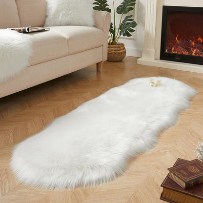 AMTOVO Faux Sheepskin Rug, White Ultra Soft Fluffy Shag Area Rug, 2 x 6 ft Faux Fur Rug for Bedroom Sofa Throw Cushion Room Decor, Sheepskin