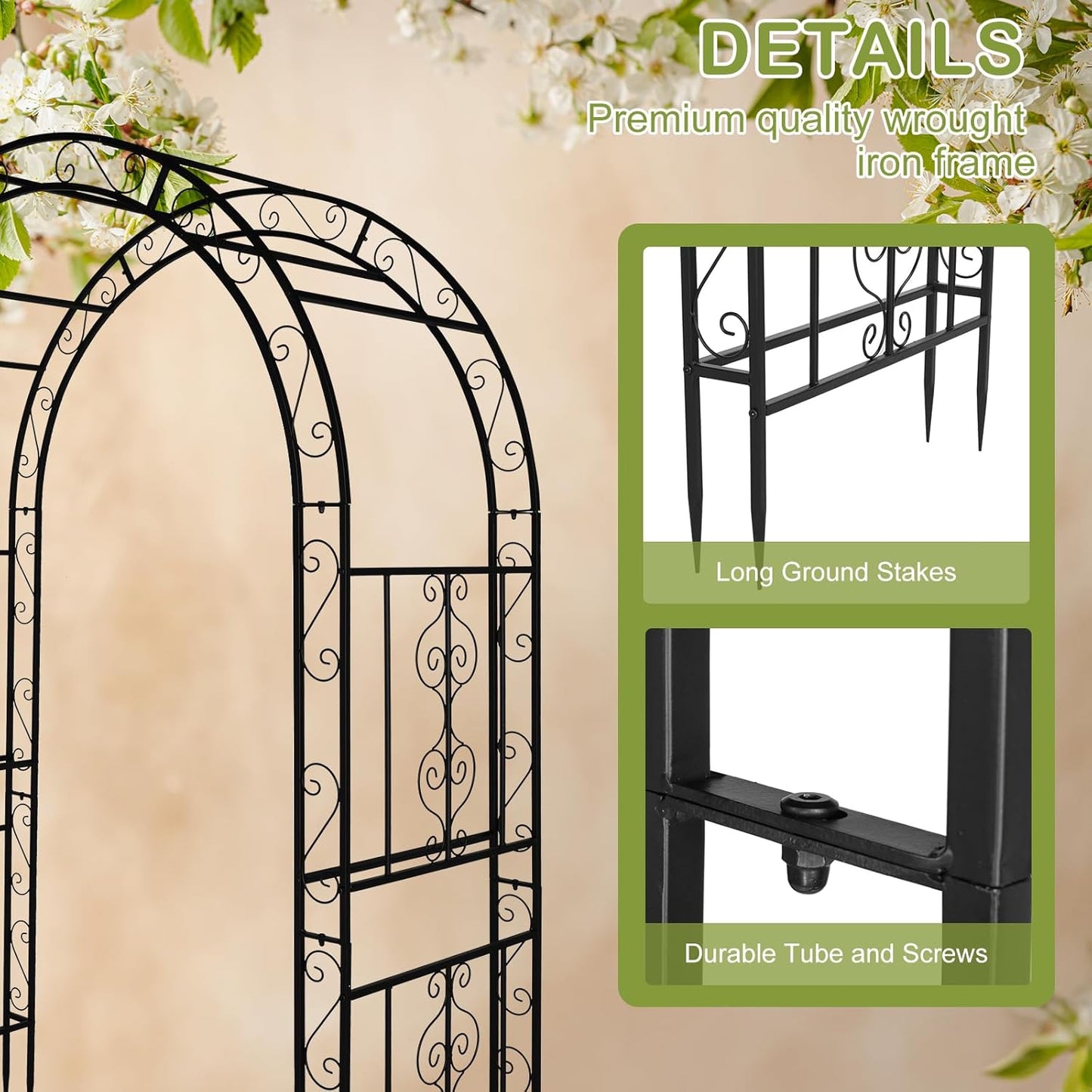 Outvita 7FT Garden Arch Arbor, Heavy Duty Metal Arbour Archway, Decorative Frame Stand Trellis with 7 Inch Ground Stakes for Wedding Ceremony Party Plant Climbing Rose Vines Lawn Courtyard Patio Black
