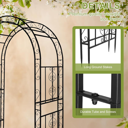 Outvita 7FT Garden Arch Arbor, Heavy Duty Metal Arbour Archway, Decorative Frame Stand Trellis with 7 Inch Ground Stakes for Wedding Ceremony Party Plant Climbing Rose Vines Lawn Courtyard Patio Black