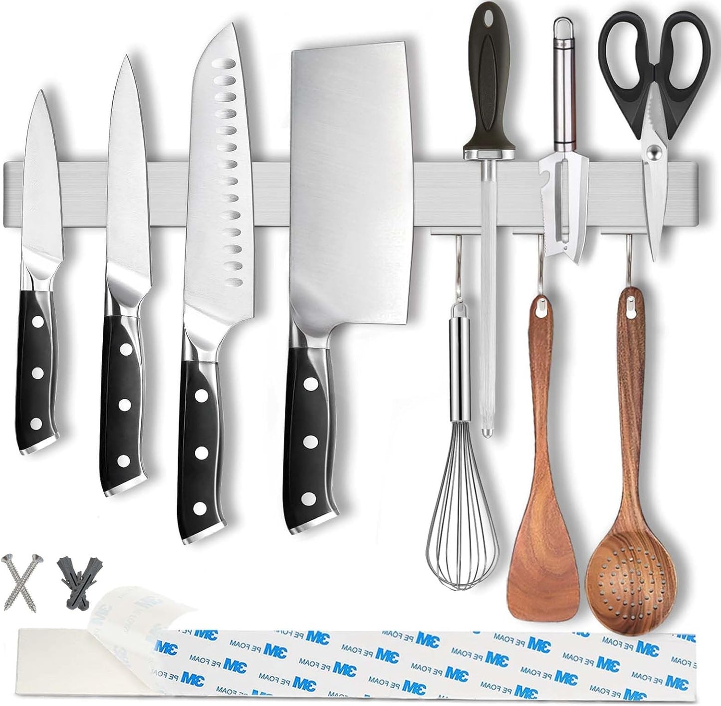 17.5" Magnetic Knife Holder for Wall with Hooks - No Drill Adhesive Mount - 304 Stainless Steel Knife Magnetic Strip