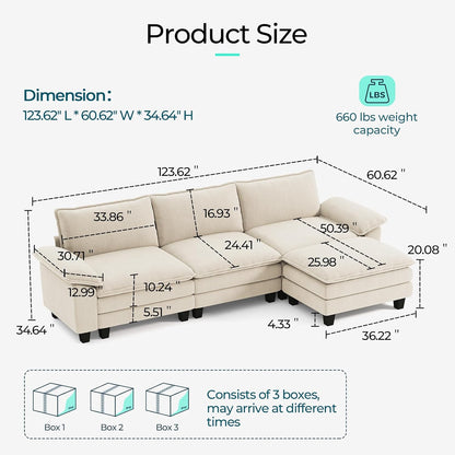 LINSY HOME Modular Sectional Sofa - 123'' Comfy Corduroy Cloud Sofa Oversized L Shaped Couch with Movable Ottoman, Soft Modern Sofa for Living Room Apartment, Beige
