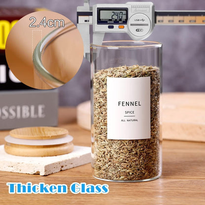 12 Pcs Glass Spice Jars With Bamboo Airtight Lids, 10oz Thicken(2.4mm) Spice Containers With 148 Minimalist Preprinted Waterproof Spice Labels, Kitchen Empty Small Storage Jars For Seasoning, Herb