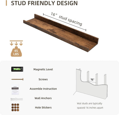 Picture Ledge Shelf, Wood Floating Shelves Set of 4, 24 inch Picture Ledge Shelves, Photo Ledge Nursery Book Shelves Wall Mounted for Living Room Kids' Room Bedroom, Color Brown