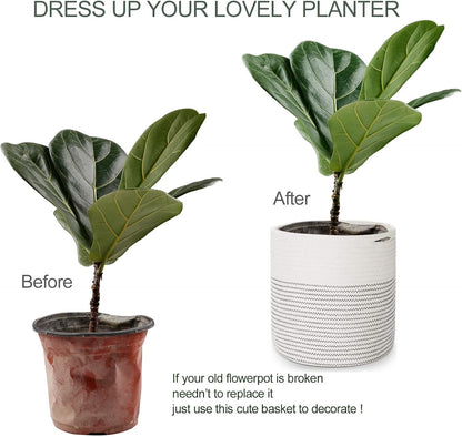 Woven Cotton Rope Plant Basket for 11 12" Flower Pot Floor Indoor Planters, Decor Basket for Plants Storage Organizer Modern Home Decor (12" x 12", White)