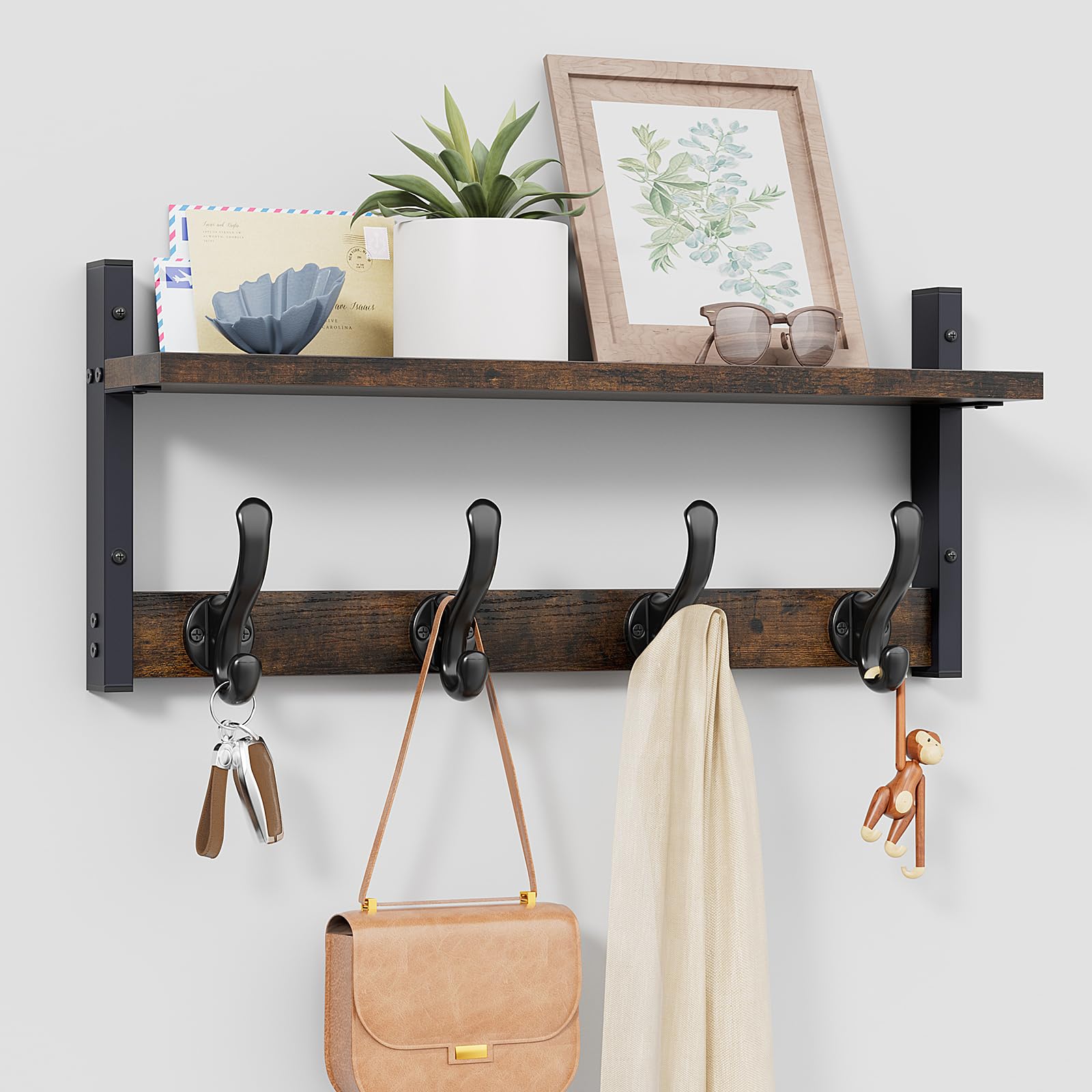 Tatub 20" Rustic Coat Rack Wall Mount with Shelf, Wall Hooks with Shelf, Heavy Duty Entryway