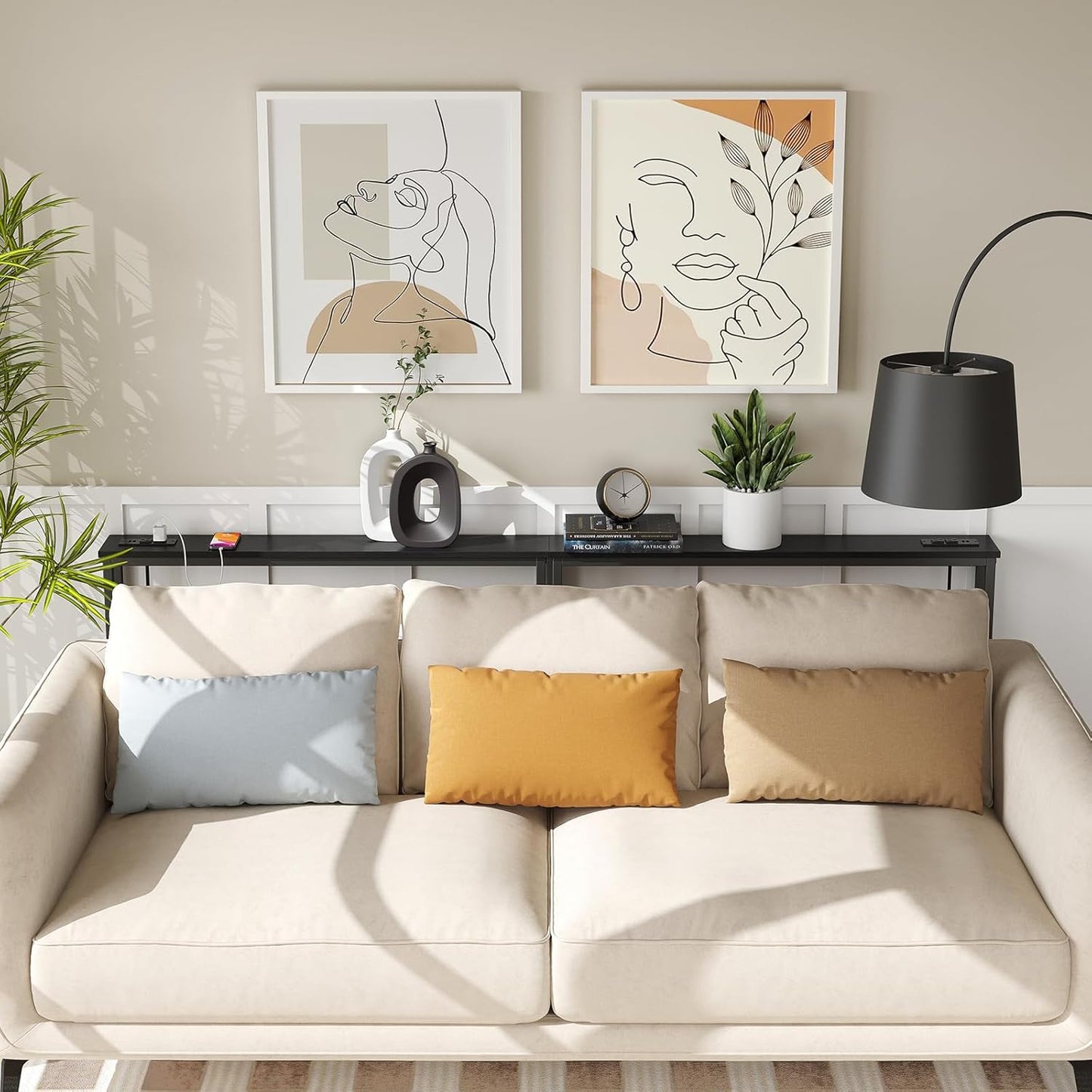 ELYKEN 5.9" Narrow Console Sofa Table with Power Outlets, 5.9" Dx39.4 Wx31.1 H Long Black Behind Couch Table with Metal Frame and Charge Station with 6.5’ Extension Cord