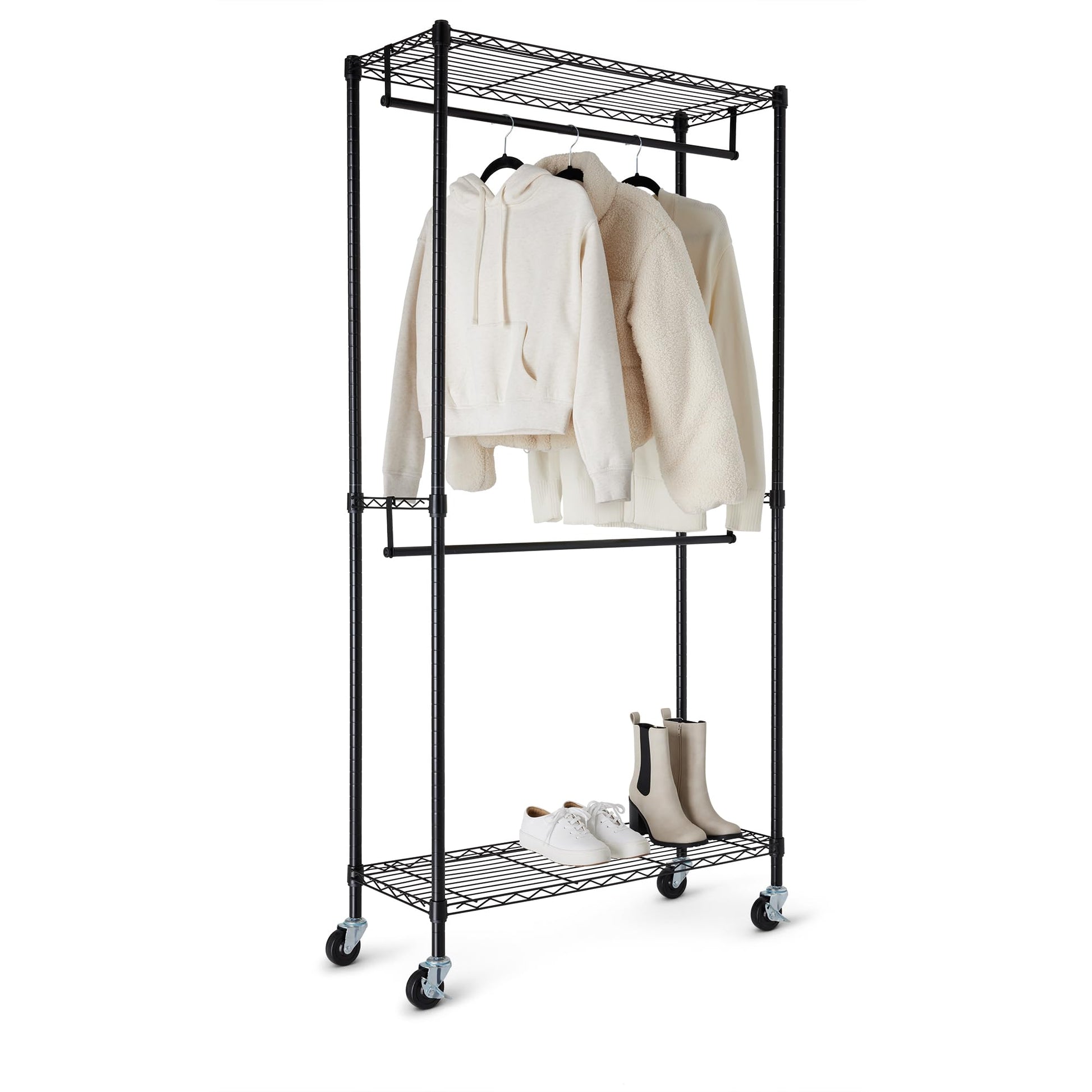 Amazon Basics Adjustable Double Rod Rolling Garment Rack, Hanging Clothes Closet Organizer with