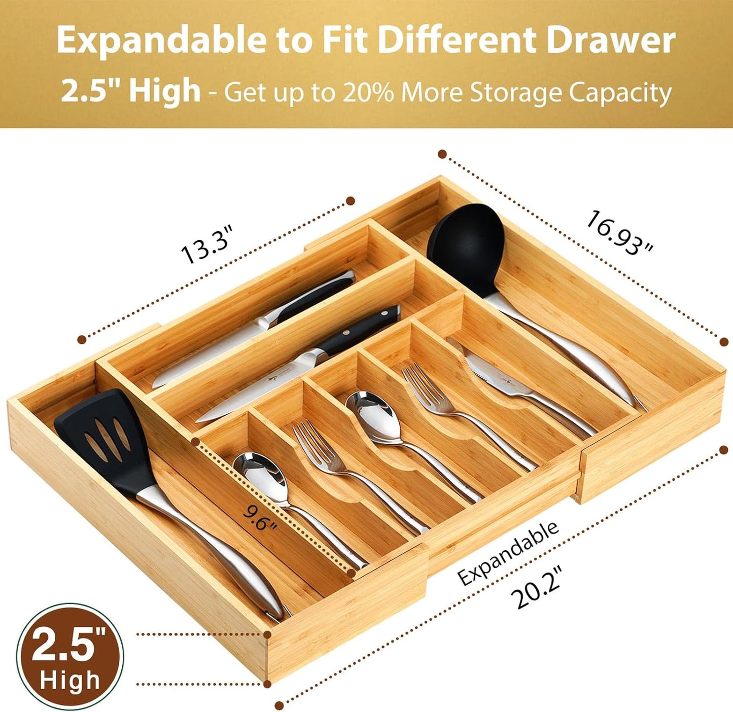 Umilife Large Expandable Kitchen Silverware Utensils Drawer Organizer, 2.5" Extra High Adjustable Drawer Divider with Curved Grooves, Bamboo Wood Cutlery Tray Flatware Holder