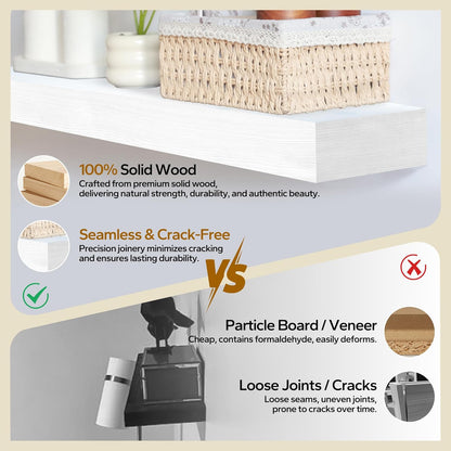 Floating Shelves 3 inch Thick for Wall Set of 2,Solid Pine Wood Wall Mount Shelf for Kitchen Living Room Bedroom Bathroom,8" D x 60" L x 3" H-White