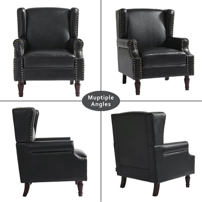 Accent Chair, Faux Leather High Back Armchair or Living Room, Comfy Upholstered Single Sofa Reading Chair with Solid Wood Legs for Office, Bedroom, Waiting Room-Black