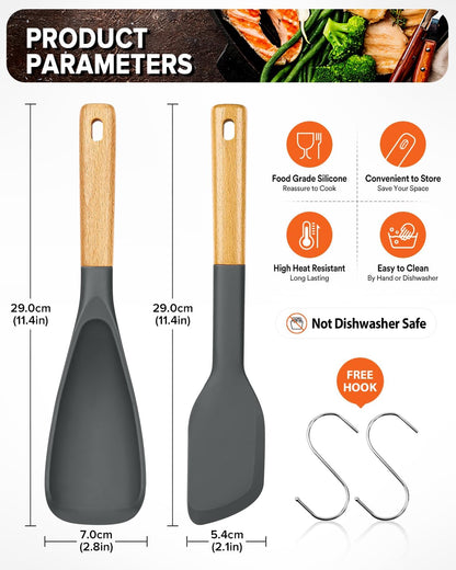Cooking Spoon and Scraper for Nonstick Cookwares, Great for Cooking and Serving Durable BPA-Free Matte Silicone, Wood Handle Multifunction Spoon for Mixing, Scoop, and Scrape (GREY)