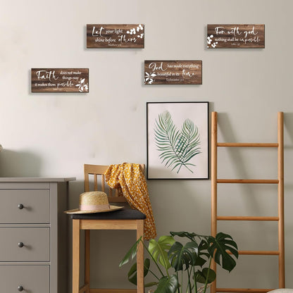 FENCORDAR 4 Pieces Brown Wall Decor Bible Verses Bathroom Decor Wooden Farmhouse Office Christian Wall Art Religious Art for Women Office Home Bedroom Living Room Decor(Brown 10x4)
