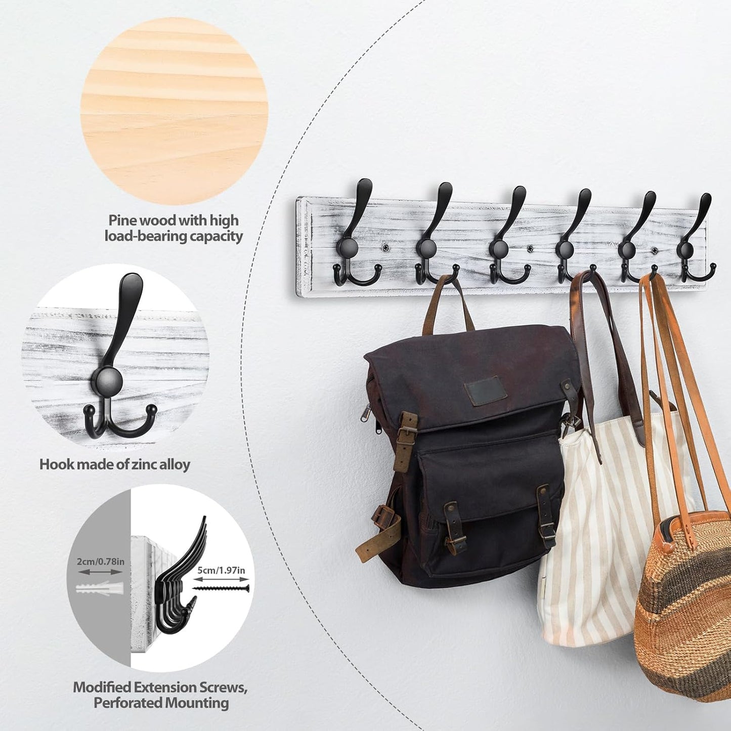 Coat Rack Wall Mount, Wooden Heavy Duty Coat Rack for Wall,6 Triple Coat Hanger Hooks for Hanging Coats,Jacket,Hat,Clothes (Grey White, 6 Hooks)