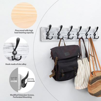 Coat Rack Wall Mount, Wooden Heavy Duty Coat Rack for Wall,6 Triple Coat Hanger Hooks for Hanging Coats,Jacket,Hat,Clothes (Grey White, 6 Hooks)