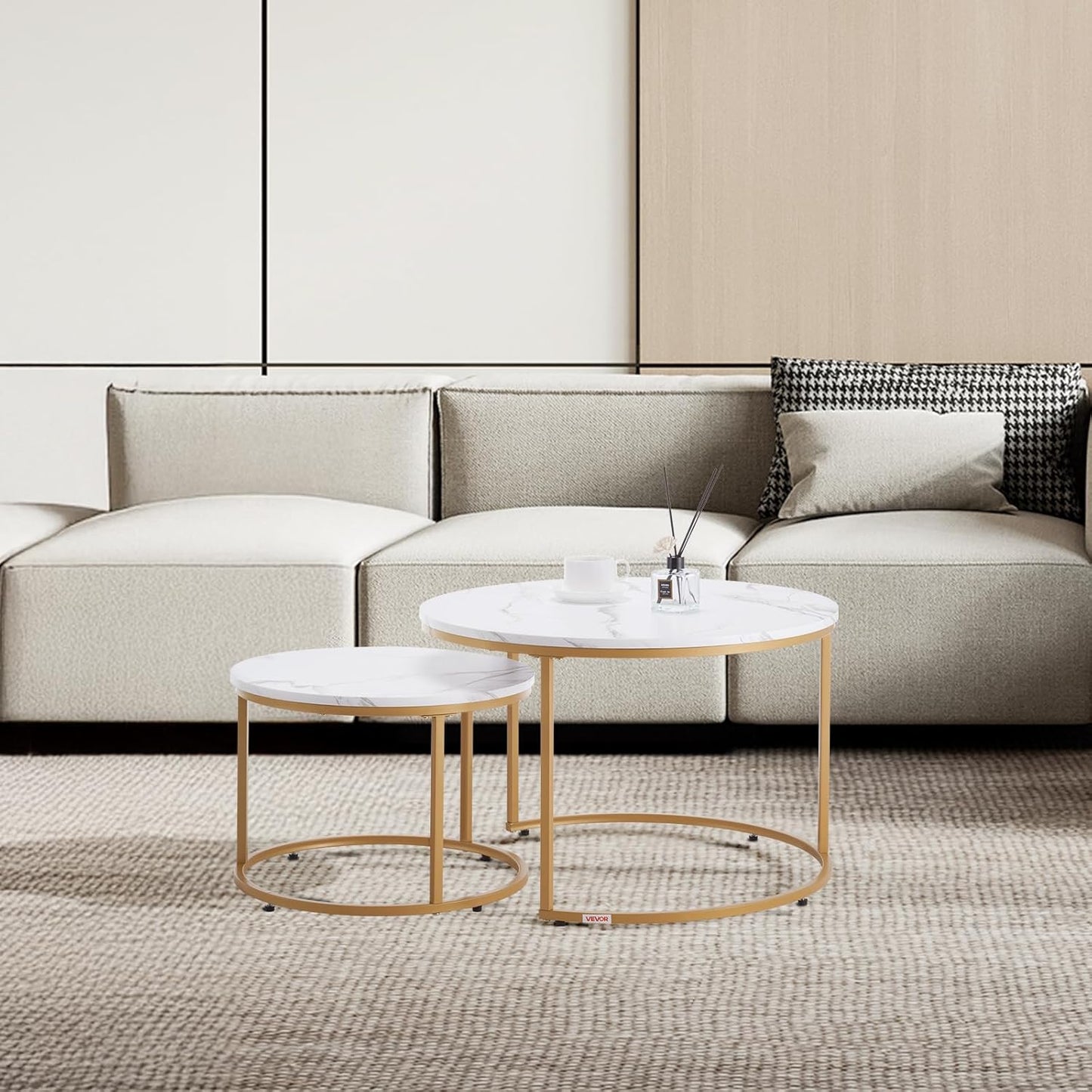 VEVOR Nesting Tables, Coffee Table Set of 2, 27.6 inch Round Coffee Table, Small Coffee Tables Night Stand with Metal Frame, for Living Room, Bedroom, Office (White & Gold)