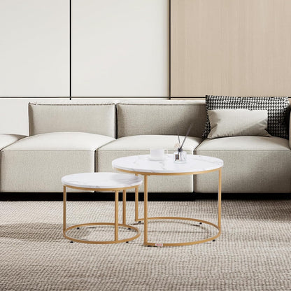 VEVOR Nesting Tables, Coffee Table Set of 2, 27.6 inch Round Coffee Table, Small Coffee Tables Night Stand with Metal Frame, for Living Room, Bedroom, Office (White & Gold)