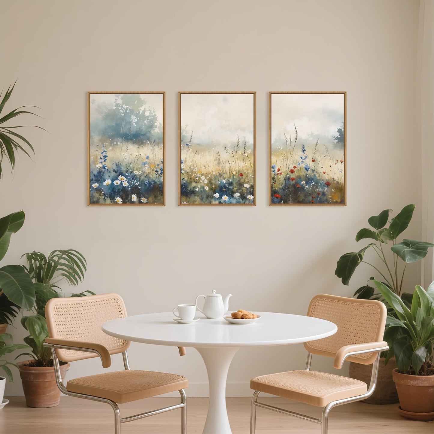 Nature Wildflower Framed Canvas Wall Art Set, Pastoral Landscape Wall Decor, Colorful Meadow Wall Painting, Rustic Floral Art Print for Living Room, Bedroom, Office - 16"X24"X3