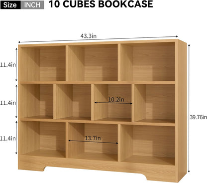 Book Shelf, 10 Cubes Storage Organizer, 3-Tier Open Shelf Wooden Bookcase, Freestanding Wooden Bookshelf Cube Shelf for Bedroom, Living Room