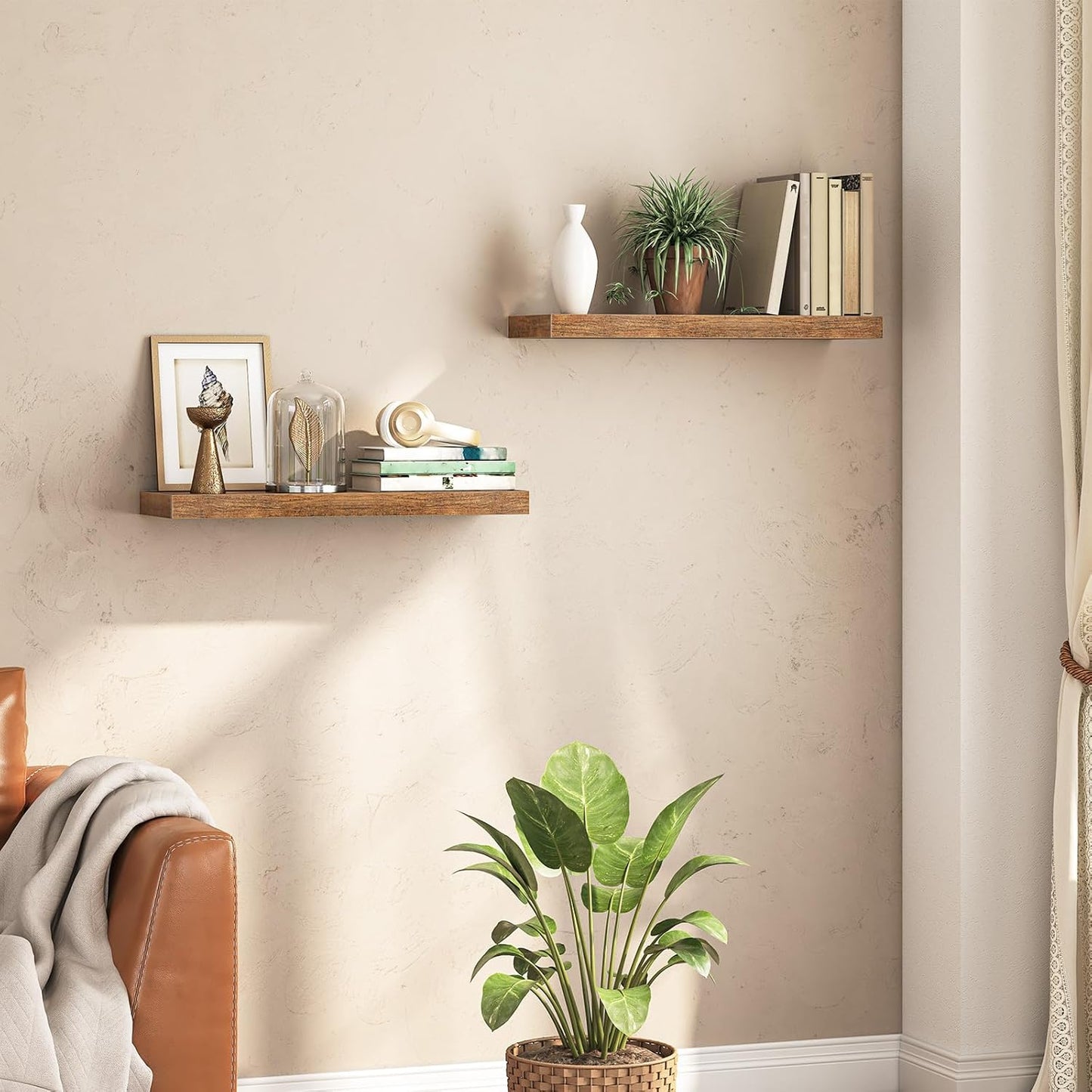 HOOBRO Floating Shelves for Wall, Wall Mounted Shelf Set of 2, 31.5" Hanging Shelf with Invisible Brackets, for Wall in Bathroom, Bedroom, Toilet, Kitchen, Living Room, Office, Rustic Brown BF80BJP201